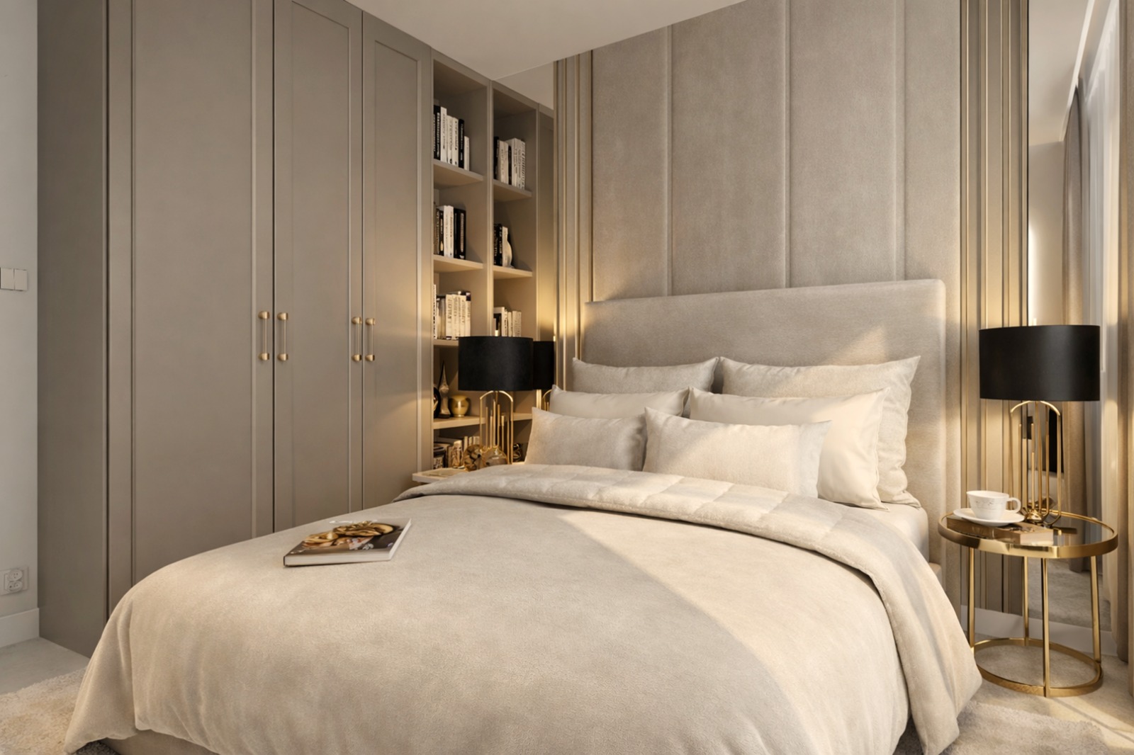 Szeroki kadr spokojnej sypialni premium